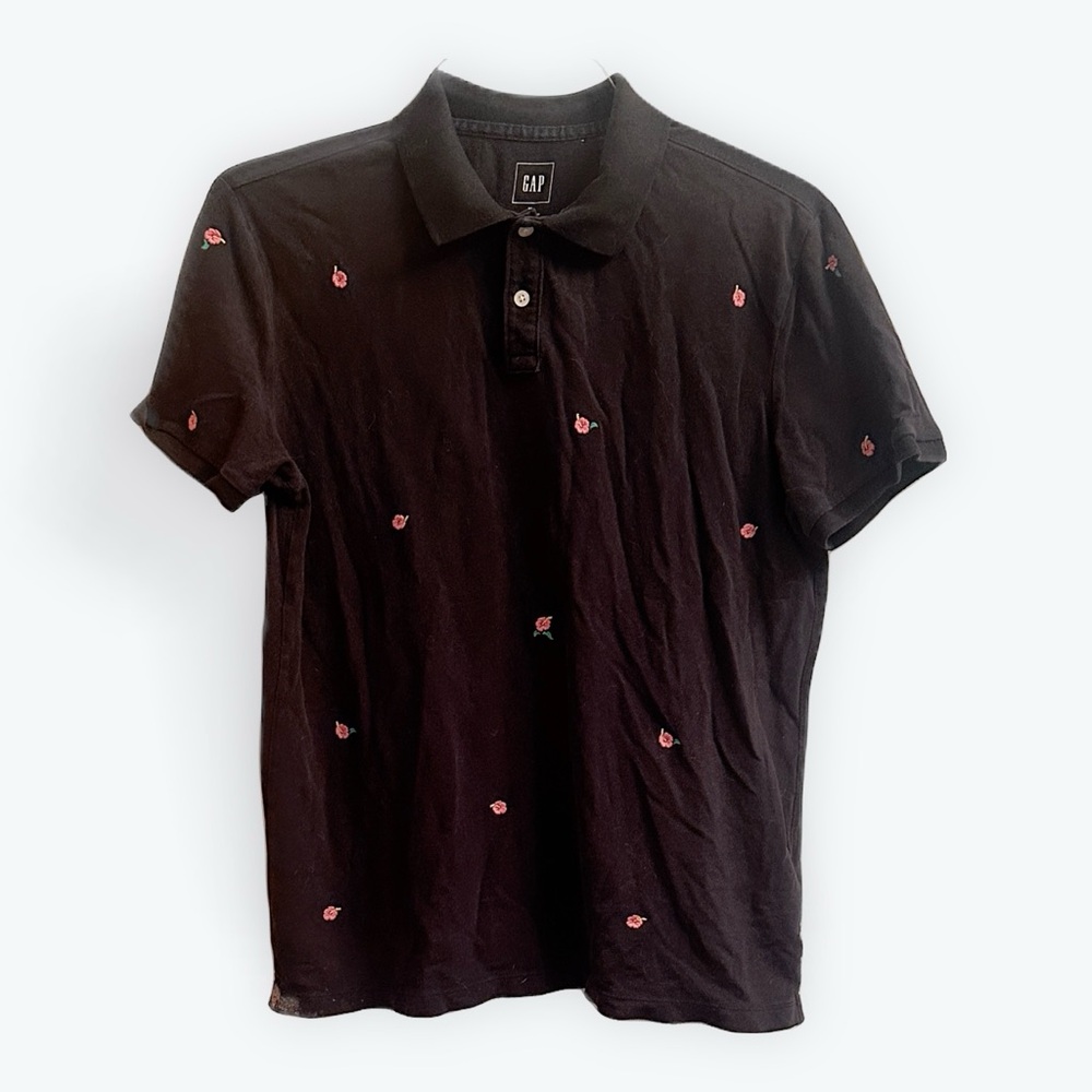 GAP Men’s Black Polo Shirt with Pink Embroidery flowers, M